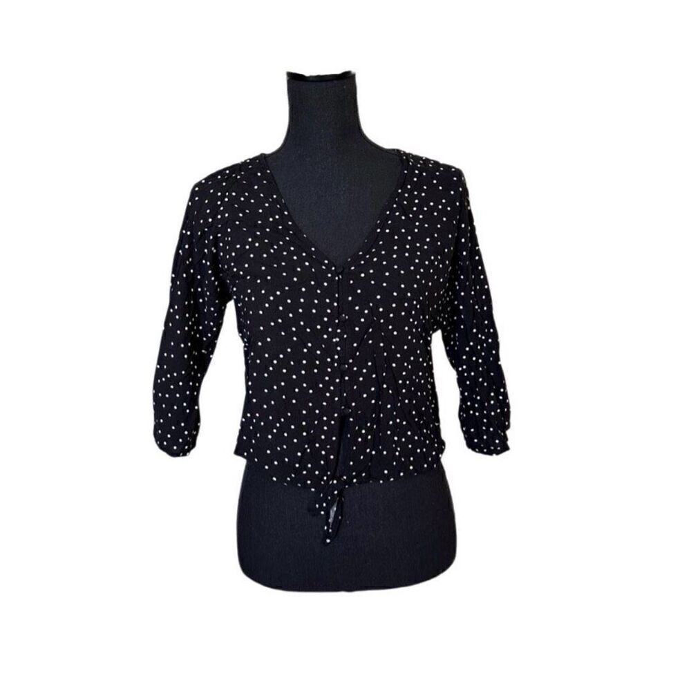 Mine Black with White Polka Dots Button-Up V-Neck Blouse with Waist Tie Size Lar